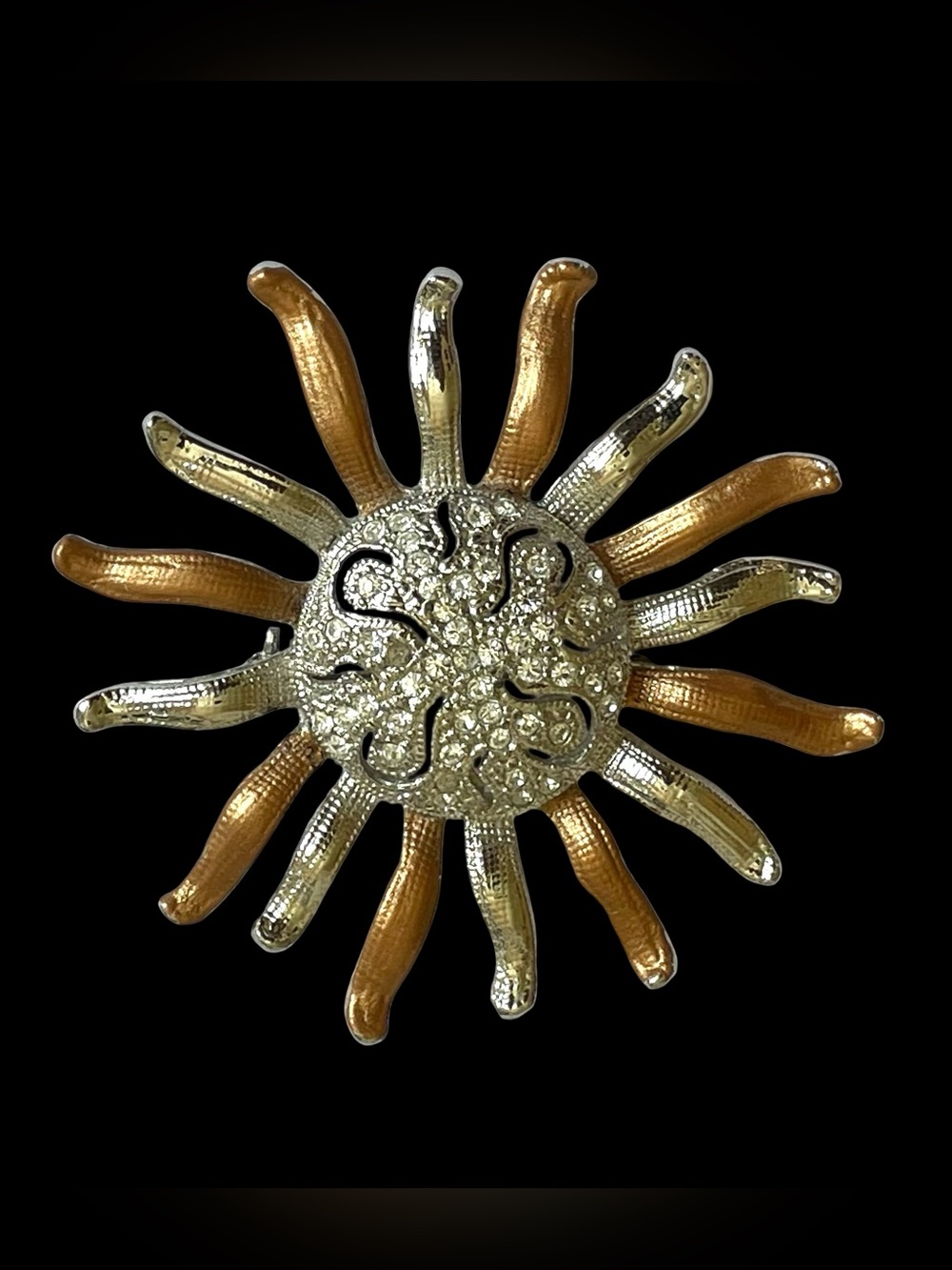 Vintage Two-Tone Sunflower Sunburst Brooch With Crystal Center